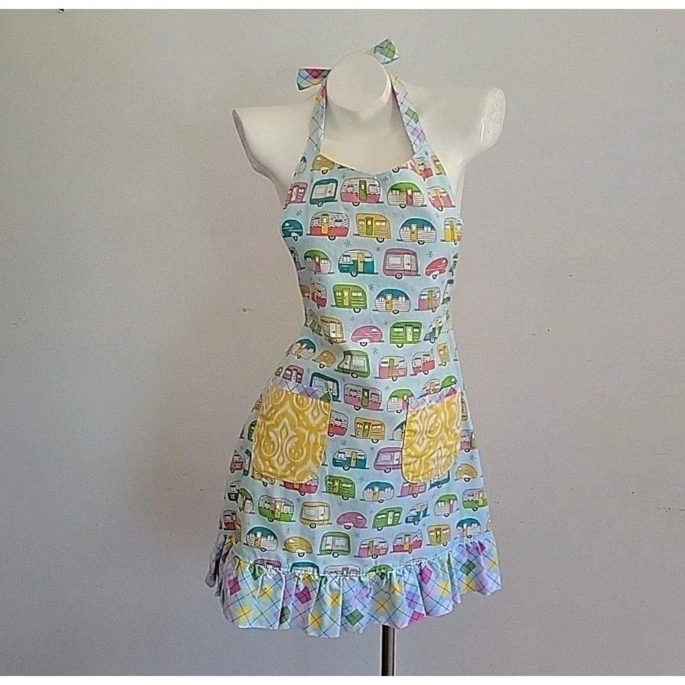 Handmade Halter Apron Retro Campers Damask Print Reversible Self‎ Tie Mod Foodie